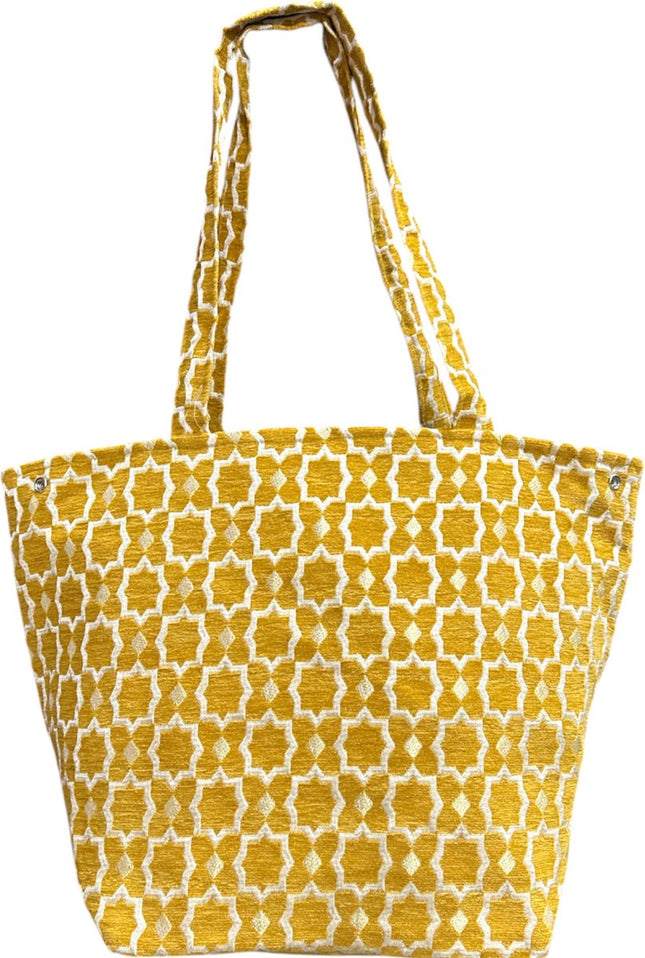 Marokkaanse Handgemaakte Fluwelen XL Shopper met Gouden Accenten - Tote Bag - Okergeel