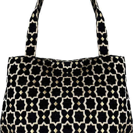 Marokkaanse Handgemaakte Fluwelen Medium Shopper met Gouden Accenten - Tote Bag - Zwart