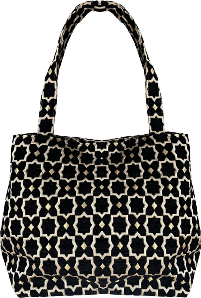 Marokkaanse Handgemaakte Fluwelen Medium Shopper met Gouden Accenten - Tote Bag - Zwart