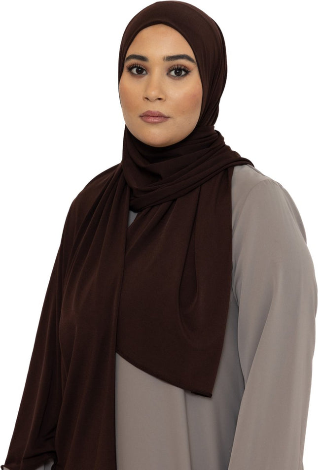 Jersey Hoofddoek - Hijab - Sjaal - Turban - Dames Hoofddoek - Islamitisch Hoofddeksel - 70x180 cm - Kleur Donkerbruin