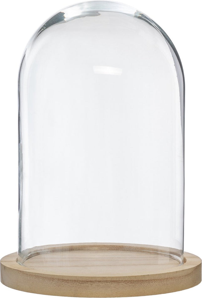 Atmosphera Home decoratie glazen stolp op houten plateau - glas/lichtbruin - D15 x H24 cm - Woonaccessoires