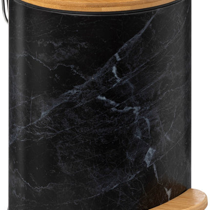 5Five Prullenbak/pedaalemmer Marmer look - zwart - 3 liter - metaal/bamboe - 17 x 25 cm - soft close