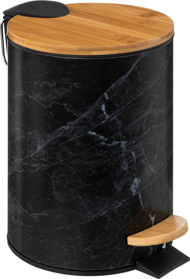 5Five Prullenbak/pedaalemmer Marmer look - zwart - 3 liter - metaal/bamboe - 17 x 25 cm - soft close