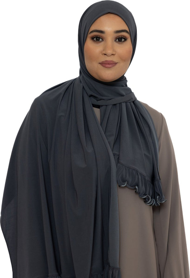Ruffle Jersey Hoofddoek - Hijab - Riffle Sjaal - Premium - Turban - Dames Hoofddoek - Islamitisch Hoofddeksel - 70x180 cm - Kleur Antraciet