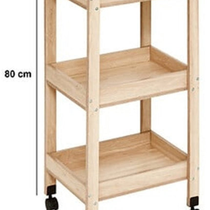 5Five Keuken/badkamer trolley 3 laags - L40 x B30 x H80 cm - naturel - PP hout - met wielen - opberg mandjes/bakjes