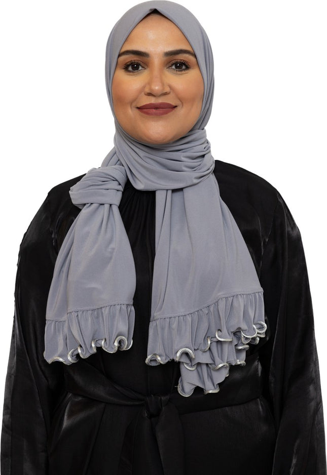 Ruffle Jersey Hoofddoek - Hijab - Riffle Sjaal - Premium - Turban - Dames Hoofddoek - Islamitisch Hoofddeksel - 70x180 cm - Kleur Lichtgrijs