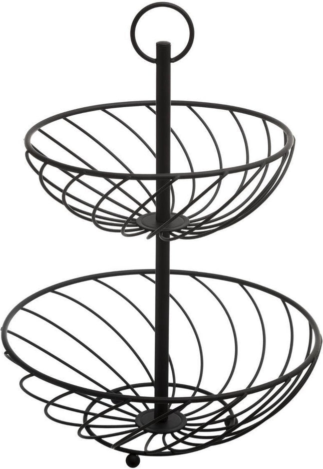 Dubbele etagere fruitschaal/fruitmand rond zwart metaal 27 x 39 cm - Fruitschalen/fruitmanden - Draadmand van metaal