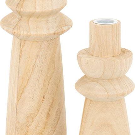 Atmosphera Houten Kandelaars - Set van 2 stuks - Ø11xH24cm - Beige