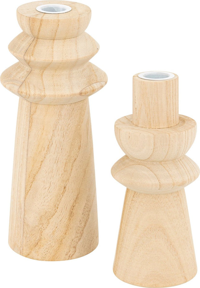 Atmosphera Houten Kandelaars - Set van 2 stuks - Ø11xH24cm - Beige