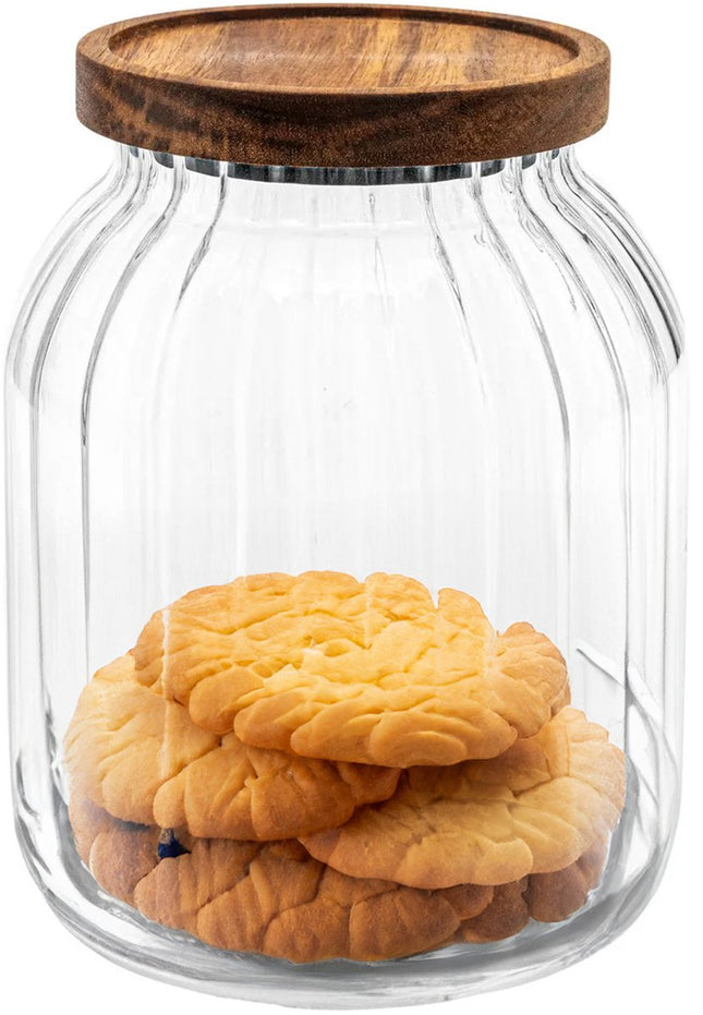 5Five voorraadpot Acacia hout - 2x - glas - 2L - 13 x 18 cm - keuken voorraadpotten - Voedsel/snoep/koekjes