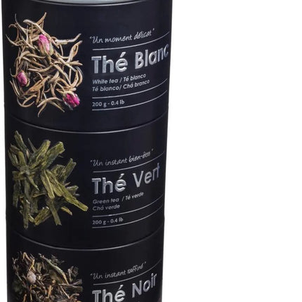 5Five Theedoos 3-vaks compartimenten - klikbaar - zwart - 11 x 26 cm - voor losse thee - metaal - 3x 200 gram