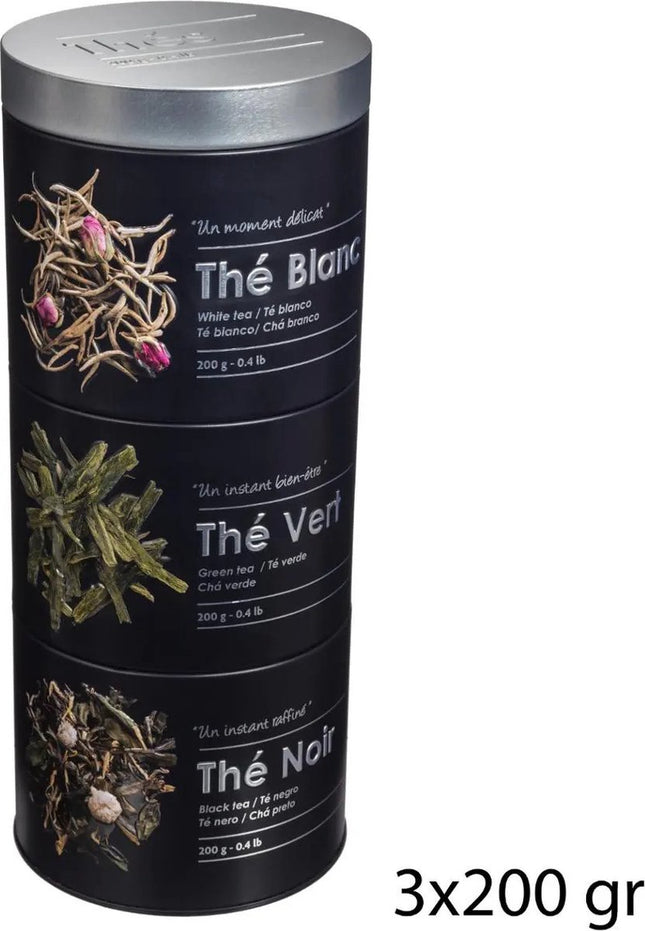 5Five Theedoos 3-vaks compartimenten - klikbaar - zwart - 11 x 26 cm - voor losse thee - metaal - 3x 200 gram