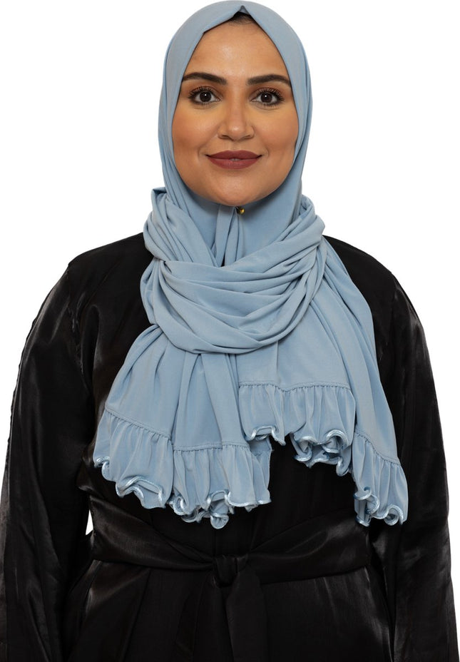 Ruffle Jersey Hoofddoek - Hijab - Riffle Sjaal - Premium - Turban - Dames Hoofddoek - Islamitisch Hoofddeksel - 70x180 cm - Kleur Hemelsblauw