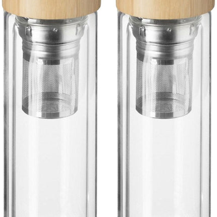 Secret de Gourmet Theefles - 2x - dubbelwandig - glas/bamboe - 40 cl - infusiefles/theepot