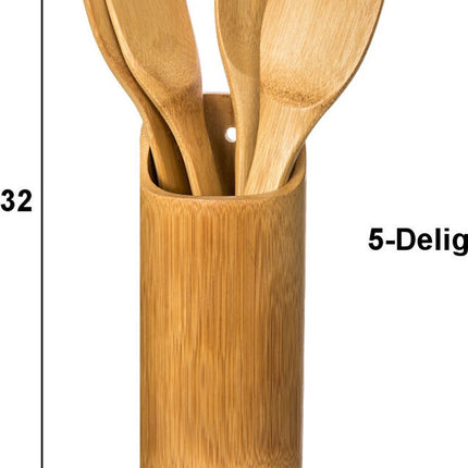Keukengerei houder Set - 5 Delige keukengerei Set - Organizer rond - Spatel set + Houder- Bamboe Hout