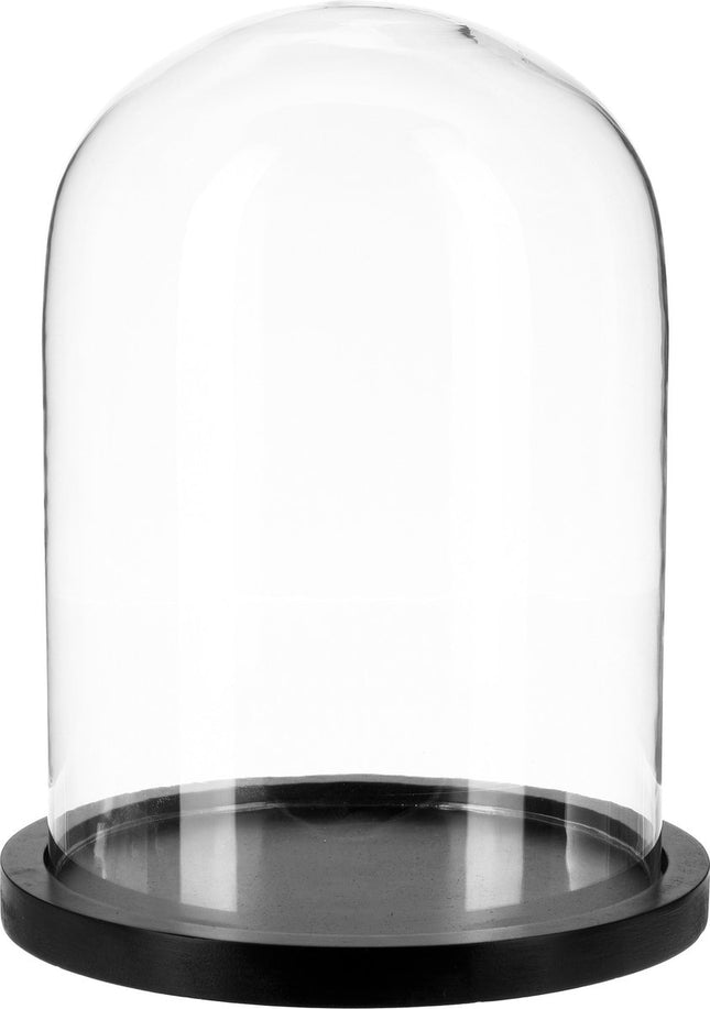 Atmosphera Home decoratie glazen stolp op houten plateau - glas/zwart - D23 x H29 cm - Woonaccessoires