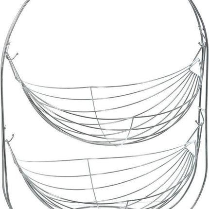 Dubbele etagere fruitschaal/fruitmand rond zilver metaal 34 x 25 x 46 cm - Fruitschalen/fruitmanden - Draadmand van metaal