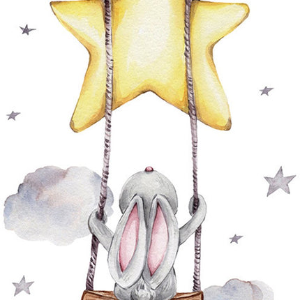 SIPO Muursticker - Konijntje op Schommel - 70x49 cm - Zelfklevende Wanddecoratie voor Kinderkamer - Babykamer - Sticker -
