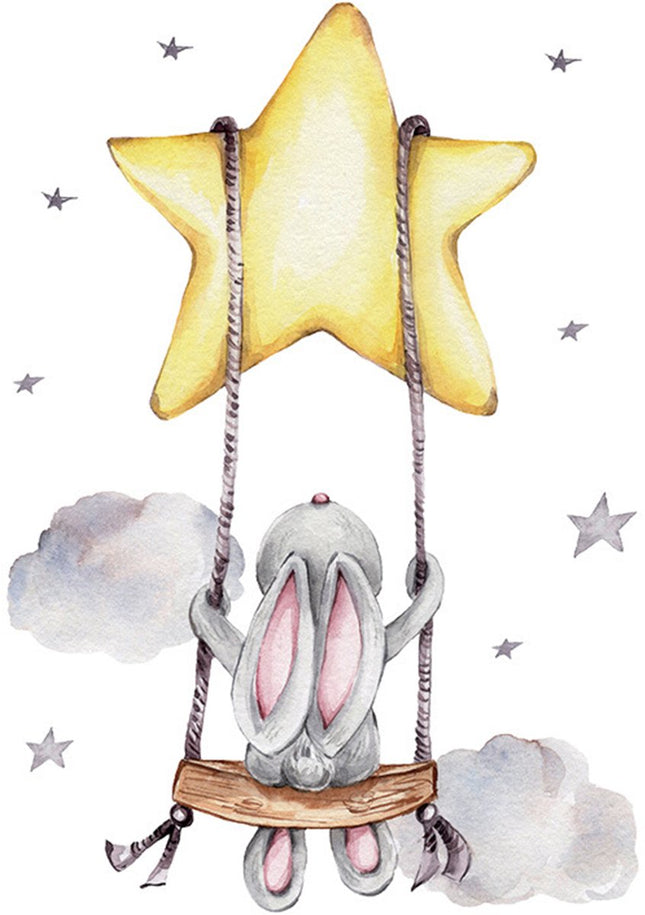 SIPO Muursticker - Konijntje op Schommel - 70x49 cm - Zelfklevende Wanddecoratie voor Kinderkamer - Babykamer - Sticker -