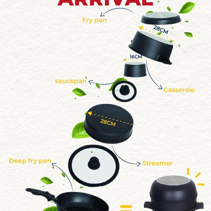 Hakal 12-delige Pannenset Stapelbare Pannenset – Space Saving Cookware Set | Inductiegeschikt | Inclusief accessoires