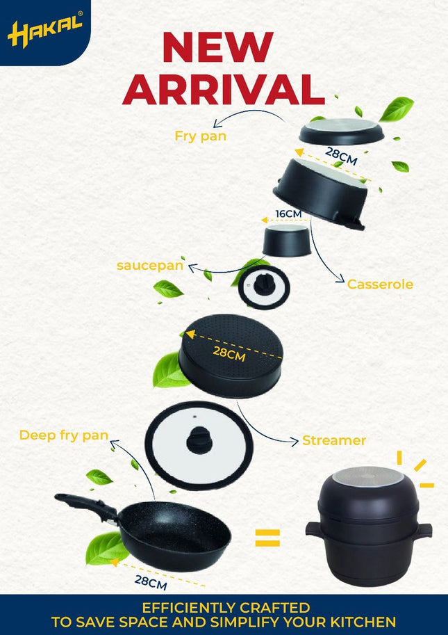 Hakal 12-delige Pannenset Stapelbare Pannenset – Space Saving Cookware Set | Inductiegeschikt | Inclusief accessoires