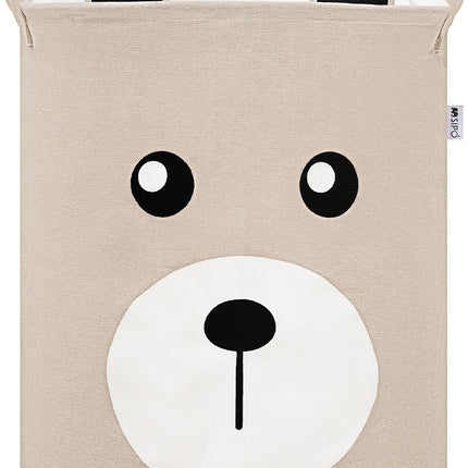 Beige Speelgoedopbergmand met Teddy Beer Gezicht - Katoenen Opbergbox - Kinderwasmand met Trekkoord - 43 Liter - 35x35x45 cm - Speelgoedmand - Sipo