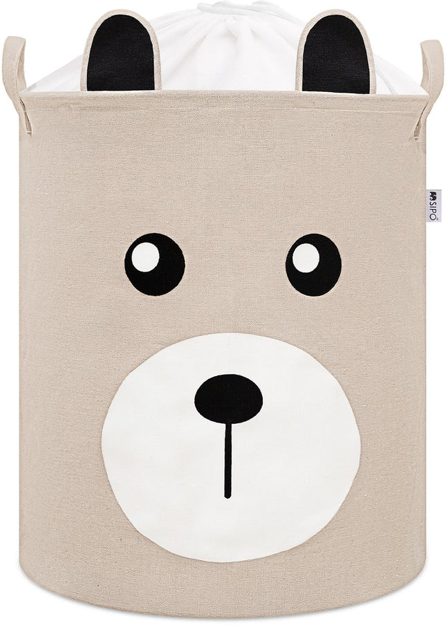 Beige Speelgoedopbergmand met Teddy Beer Gezicht - Katoenen Opbergbox - Kinderwasmand met Trekkoord - 43 Liter - 35x35x45 cm - Speelgoedmand - Sipo