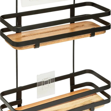 5Five Badkamer douche rekje organizer - zwart metaal/acacia hout - zuignappen - 25 x 15 x 30 cm