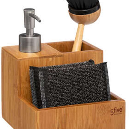 5Five Zeeppompje met keuken aanrecht organizer - lichtbruin - 3 compartimenten - bamboe - 13 x 12 x 20 cm