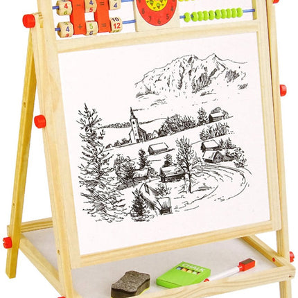 Dubbelzijdig Educatief Teken Bord 2in1 - Houten Tekenbord met Abacus, Klok en Alfabet - Wit Schoolbord en Zwart Whiteboard - Met Opbergplank