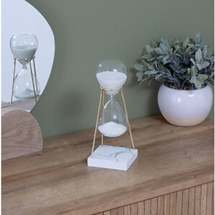 Atmosphera Zandloper cilinder - decoratie of tijdsmeting - 15 minuten - wit zand - D8 x H21 cm - glas - gouden frame