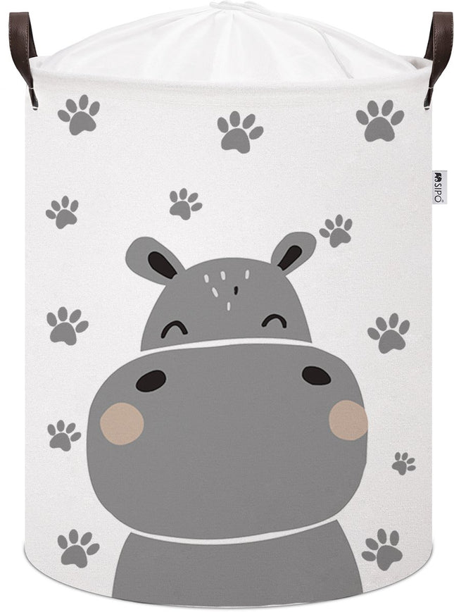 Nijlpaard Speelgoedopbergmand - Katoenen Opbergbox met Trekkoord - Kinderwasmand - 43 Liter - 35x35x45 cm - Opbergmand - Kledingmand - Sipo