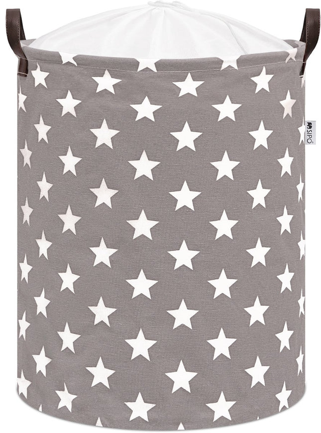 Grijze Speelgoedopbergmand met Sterren - Katoenen Wasmand voor Kinderen - Opbergbox met Trekkoord - 43 Liter - 35x35x45 cm - Kledingmand - Sipo