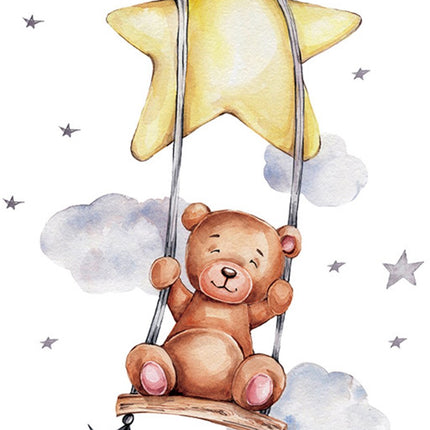 Sipo Wandsticker Beer op Schommel - Zelfklevende Muurdecoratie voor Kinderkamer - 74x54 cm - Schattige Beer Wandsticker voor Babykamer en Peuterruimte