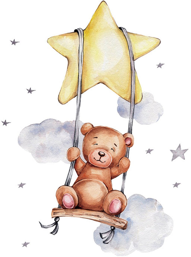 Sipo Wandsticker Beer op Schommel - Zelfklevende Muurdecoratie voor Kinderkamer - 74x54 cm - Schattige Beer Wandsticker voor Babykamer en Peuterruimte