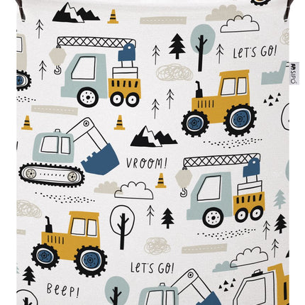 Graafmachine Speelgoedopbergmand - Katoenen Opbergbox met Trekkoord - Constructie Voertuigen Print - 43 Liter - 35x35x45 cm - Sipo - Kledingmand - Wasmand - Takelwagen