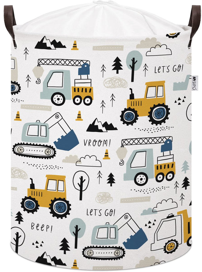 Graafmachine Speelgoedopbergmand - Katoenen Opbergbox met Trekkoord - Constructie Voertuigen Print - 43 Liter - 35x35x45 cm - Sipo - Kledingmand - Wasmand - Takelwagen
