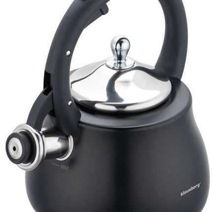 Klausberg Waterkoker 2.8L RVS - Fluitekettle voor Alle Hittebronnen (Inductie, Gas) - Zwart - Fluitketel - Waterkoker - Waterketel
