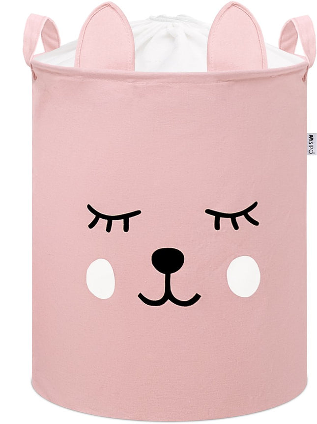 Roze Speelgoedopbergmand met Teddy Beer Gezicht - Katoenen Opbergbox met Trekkoord - Kinderwasmand - 43 Liter - 35x35x45 cm - Sipo - Speelgoedmand