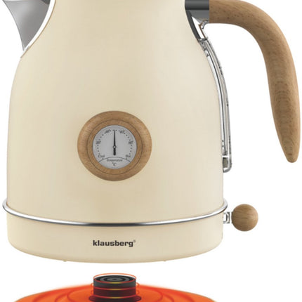 Klausberg KB-9006 Waterkoker 1.7 Liter Retro Design - Analoge Thermometer - 2200W - Ronddraaiende Basis 360° - Roestvrijstaal 304