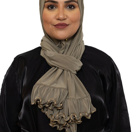 Ruffle Jersey Hoofddoek - Hijab - Riffle Sjaal - Premium - Turban - Dames Hoofddoek - Islamitisch Hoofddeksel - 70x180 cm - Kleur Olijfgroen