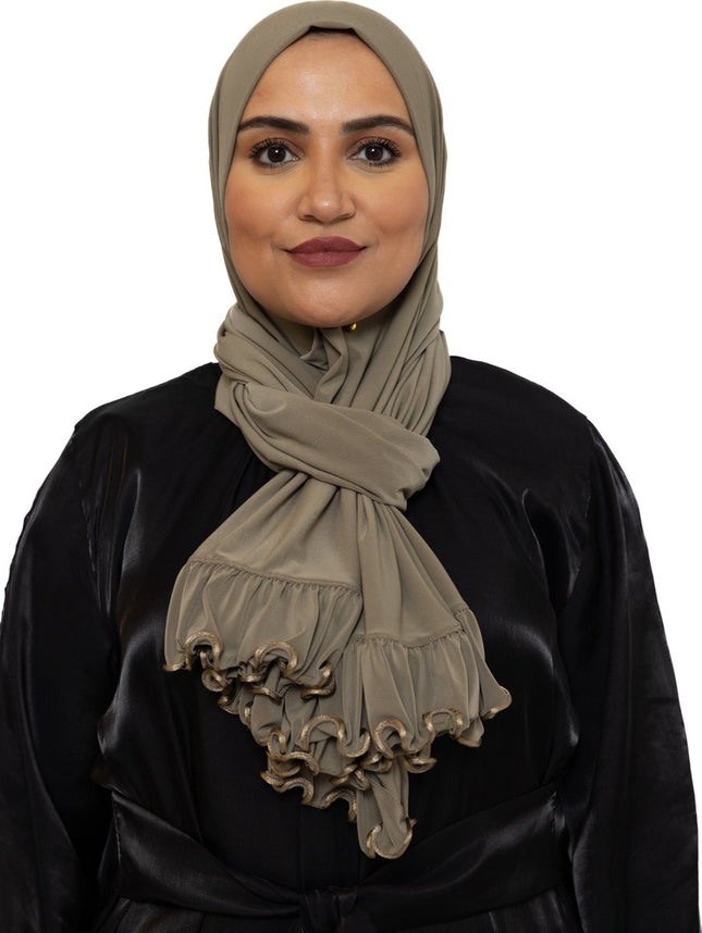 Ruffle Jersey Hoofddoek - Hijab - Riffle Sjaal - Premium - Turban - Dames Hoofddoek - Islamitisch Hoofddeksel - 70x180 cm - Kleur Olijfgroen