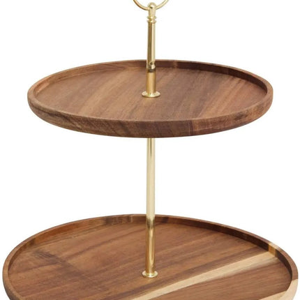 Mina Gold Serveerstandaard - 2-Laags Etagere van Acaciahout en Goudkleurig Metaal - Ø 25 cm - Leuk voor Hapjes en Cupcakes - Etagére
