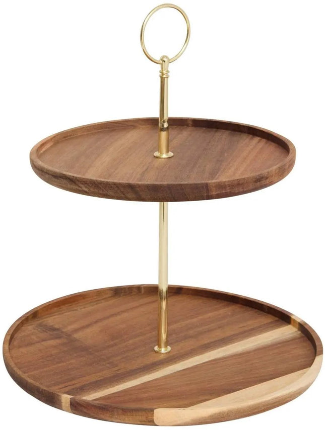 Mina Gold Serveerstandaard - 2-Laags Etagere van Acaciahout en Goudkleurig Metaal - Ø 25 cm - Leuk voor Hapjes en Cupcakes - Etagére
