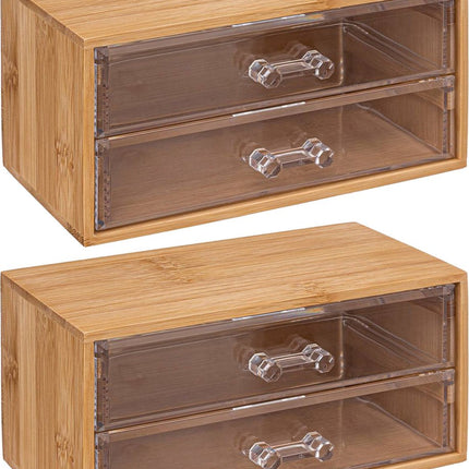 5Five sieraden/make-up organizer - 2x stuks - 2 lades - 19 x 12 cm - rechthoek - bamboe/kunststof