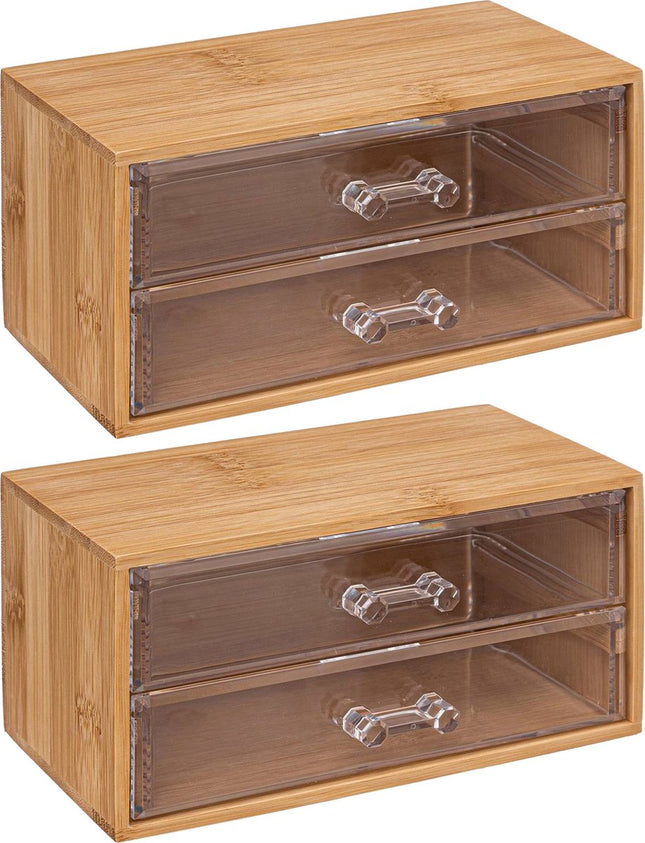 5Five sieraden/make-up organizer - 2x stuks - 2 lades - 19 x 12 cm - rechthoek - bamboe/kunststof