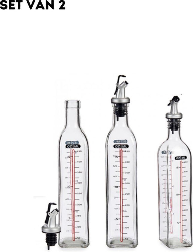 Oliekan - Oliefles - Set van 2 - Oliespuit - Karaf - Oliekannetje - Navulbaar - Met schenktuit - Oliedispenser - Olie en azijnsetje - Glas
