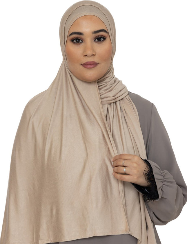Katoen Stretch Hoofddoek - Hijab - Sjaal - Turban - Dames Hoofddoek - Islamitisch Hoofddeksel - 60x170 cm - Kleur Beige