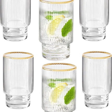 Ripple longdrinkglazen - Goude rand - 6 Delig Set -295 ml - Origami-stijl - glazen beker - Ripple vintage glaswerk