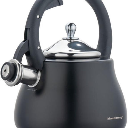 Klausberg Waterkoker 2.8L RVS - Fluitekettle voor Alle Hittebronnen (Inductie, Gas) - Zwart - Fluitketel - Waterkoker - Waterketel